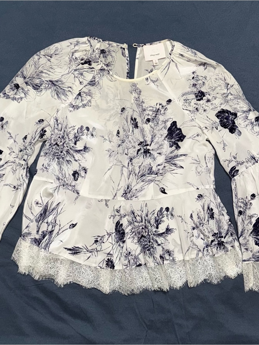 cinq a sept White Floral Lace-Hem Blouse with Navy Print